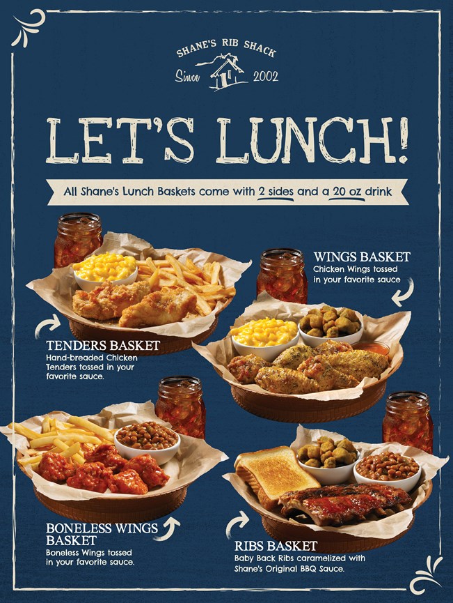 All Shane's Lunch Baskets come with 2 sides and a 20 oz drink!